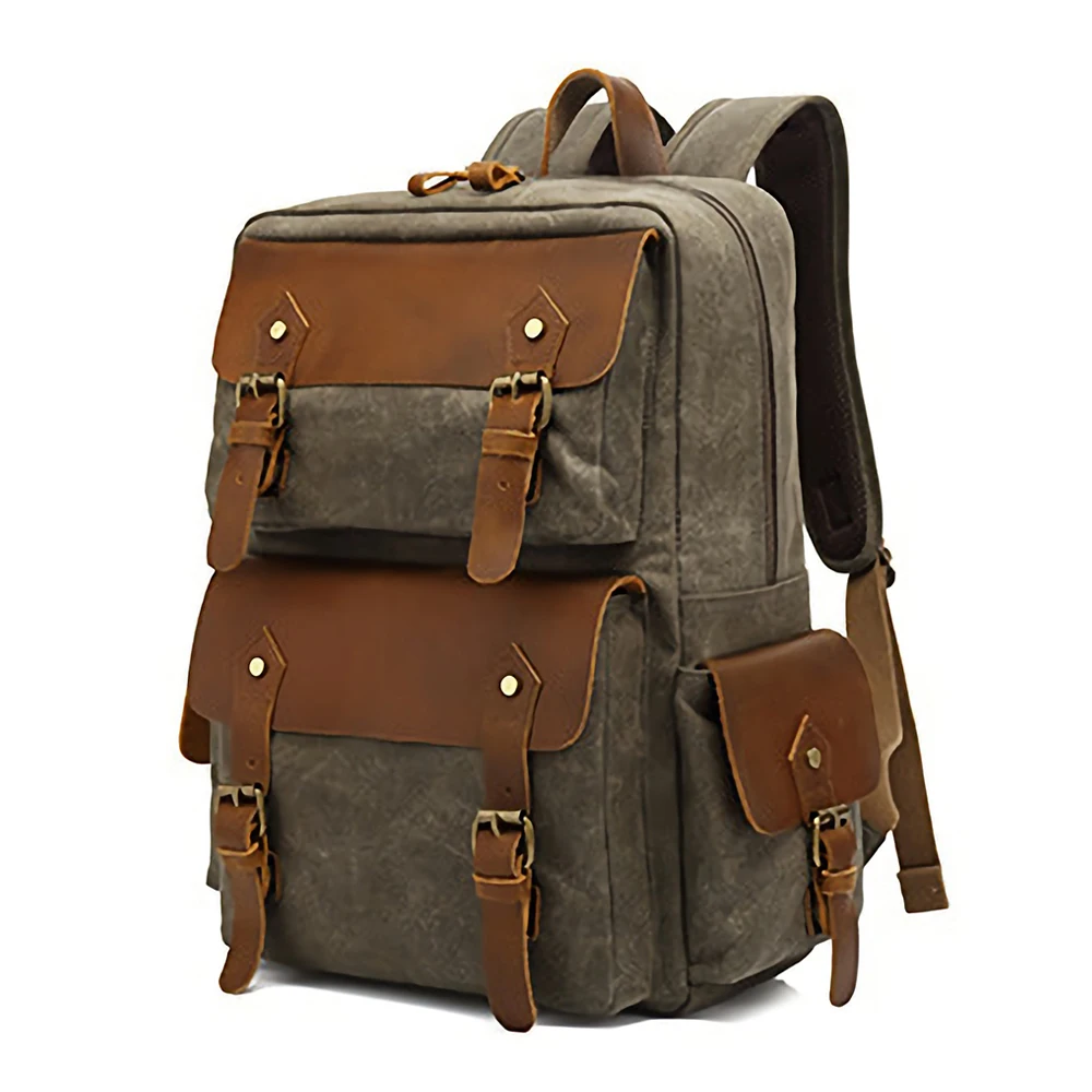 Large-Capacity Vintage Waterproof Genuine Leather Durable Fahion Rucksack Waxed Canvas Backpack for Men