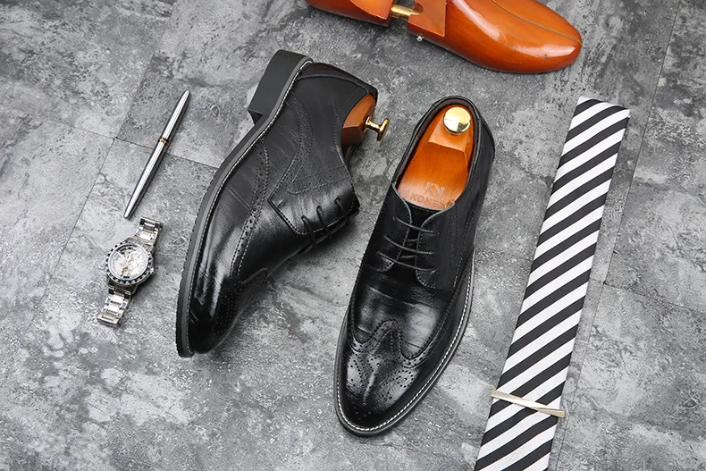 37-48 Big Size Black Brown Derby Semi Brogue Oxfords Business Wingtip Formal Shoe Wedding Fashion Casual Leather Shoes