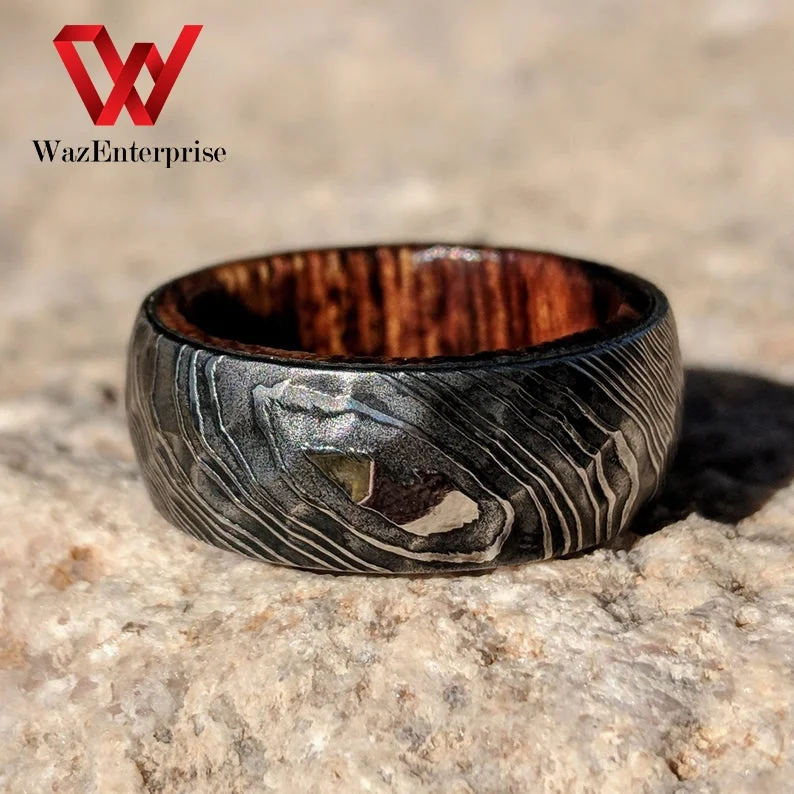 
Rings Custom Made Damascus Steel Ring Carbon Steel Ring Wood Inlay 