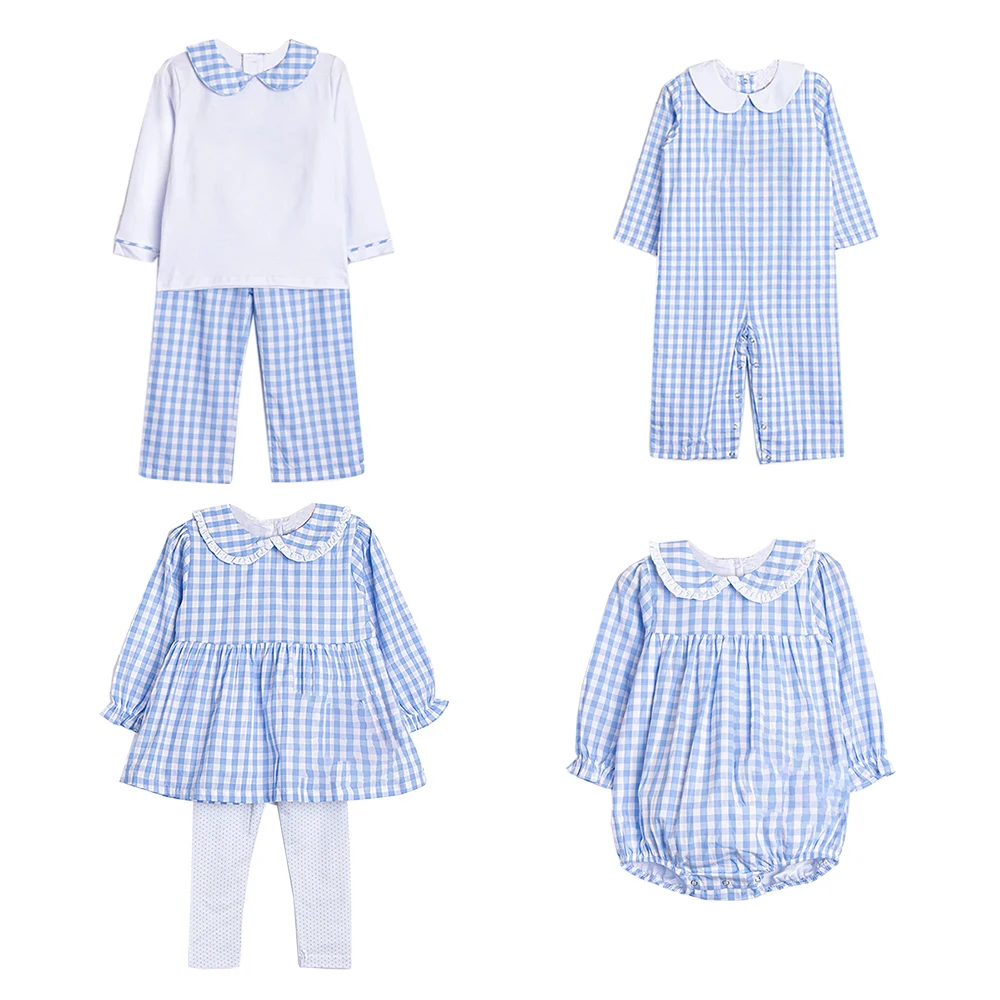 Monogram siblings matching light blue gingham children girls leggings set winter ruffled toddler kid girl clothing sets