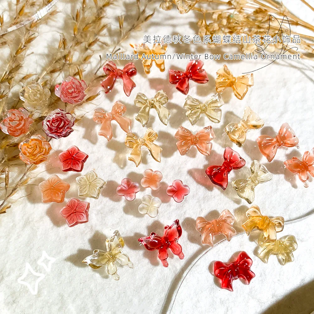 Vintage Autumn Maillard Resin Bow Nail Charms Camellia Flower Butterfly Decoration Mixed Nail Accessories