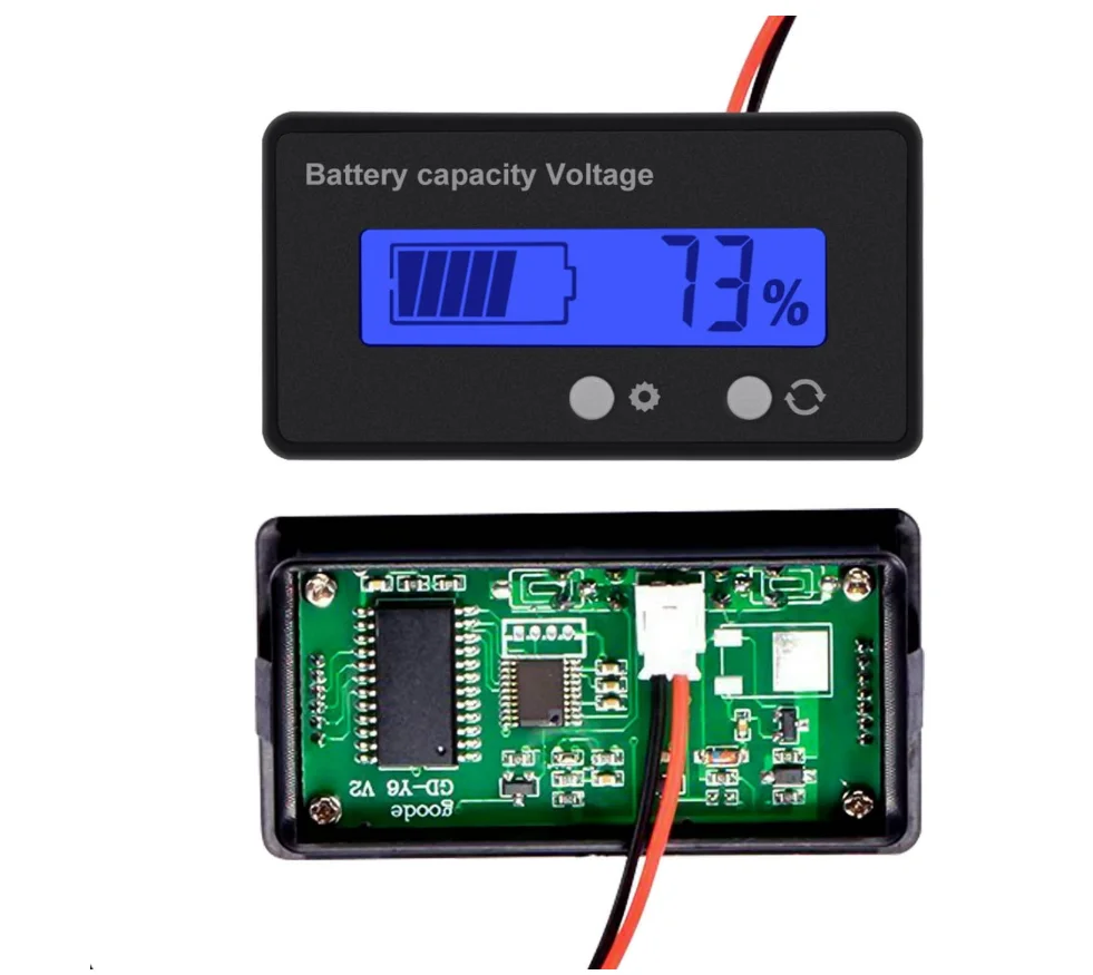 Voltage Capacity Percent Meter Battery Indicator 12V/24V/36V/48V Panel Blue Backlight for Lithium Batteries and Lead-acid