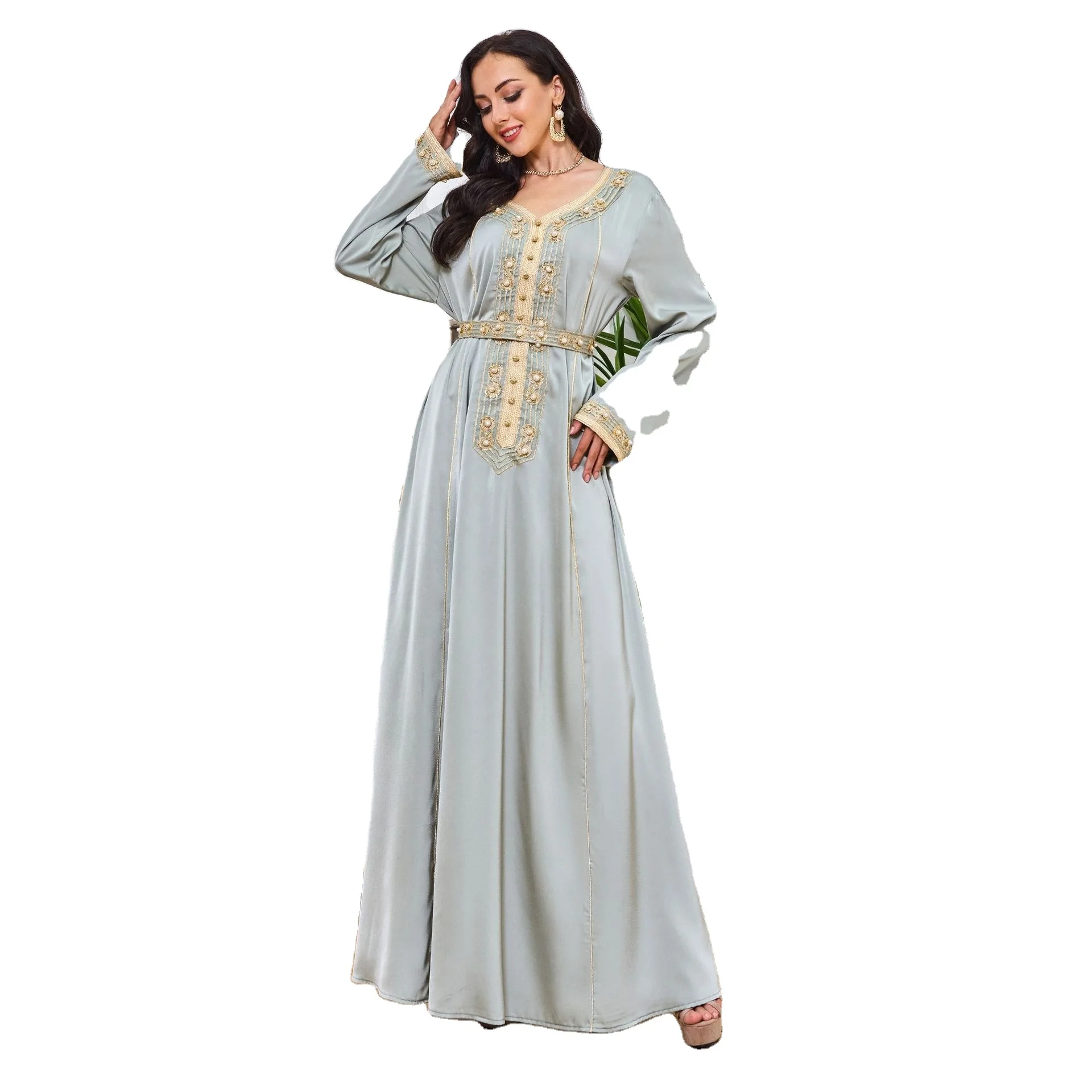 2024 Latest Wholesale Turkey Dubai Dress Modest Elegant Luxury Women Muslim Dress Handmade Beads Pearl Embroidered Satin Abaya