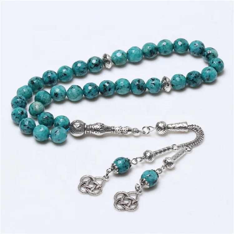 Natural Blue Stone Silver Tassel Allah Tasbeeh Muslim Prayer Beads Sibha Masbaha Rosary