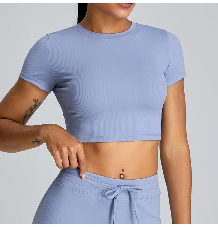 OEM Women Ribbed Crop Top T-shirt with Flare Leggings 2 Pcs Sets Plus Size Yoga Sports Gym Pants Sets Gym Fitness Active Wear