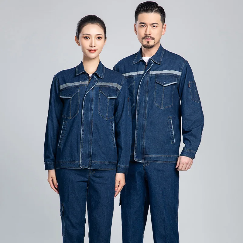 Summer Long Sleeve Denim Workwear Jacket and Pants Cowboy Reflective Strips Work Clothes Custom Uniforms for Construction