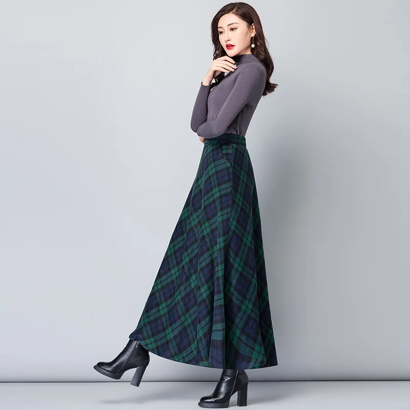 Women Skirts Winter Thick Spring Wool Blends Plaid Elegant Pleated Patchwork Chic Girl Pocket Print Long Skirts Female