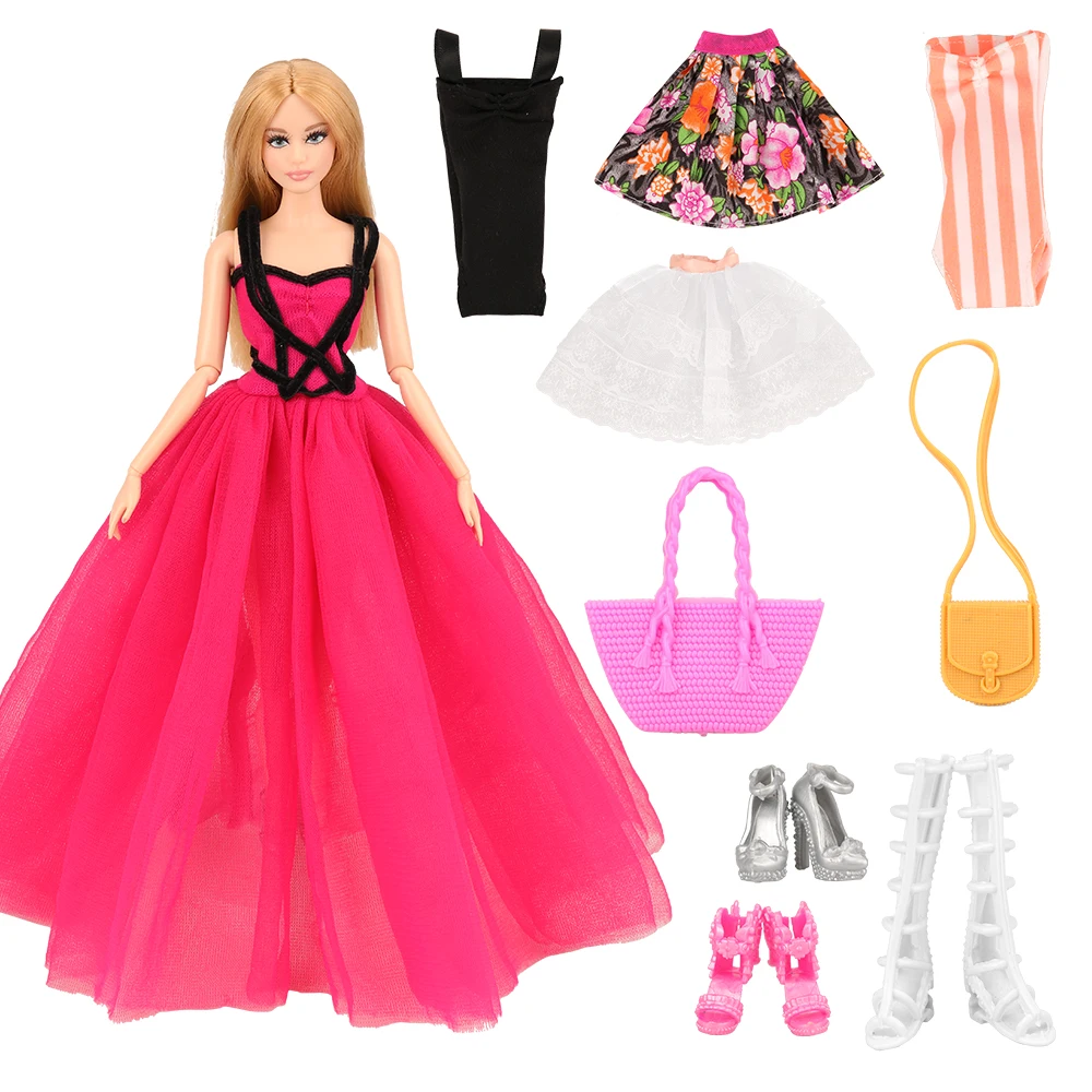 
Wholesale Fashion 8 Items/Set Doll Accessory=3 dolls Shoes+2 HandBags+3 Clothes For 11.5inch Girl Doll Dressing Game Girl Gift 