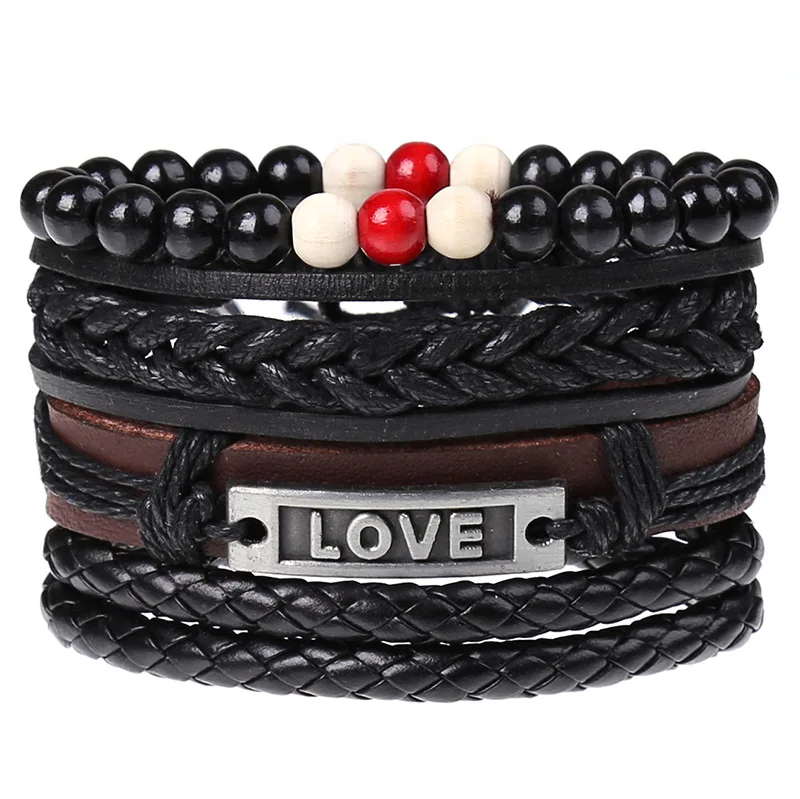 Vintage Bead Bracelets For Men leather metal Fashion Love Letter Leather Bracelet & Bangles Multilayer Wide Wrap Jewelry 2022