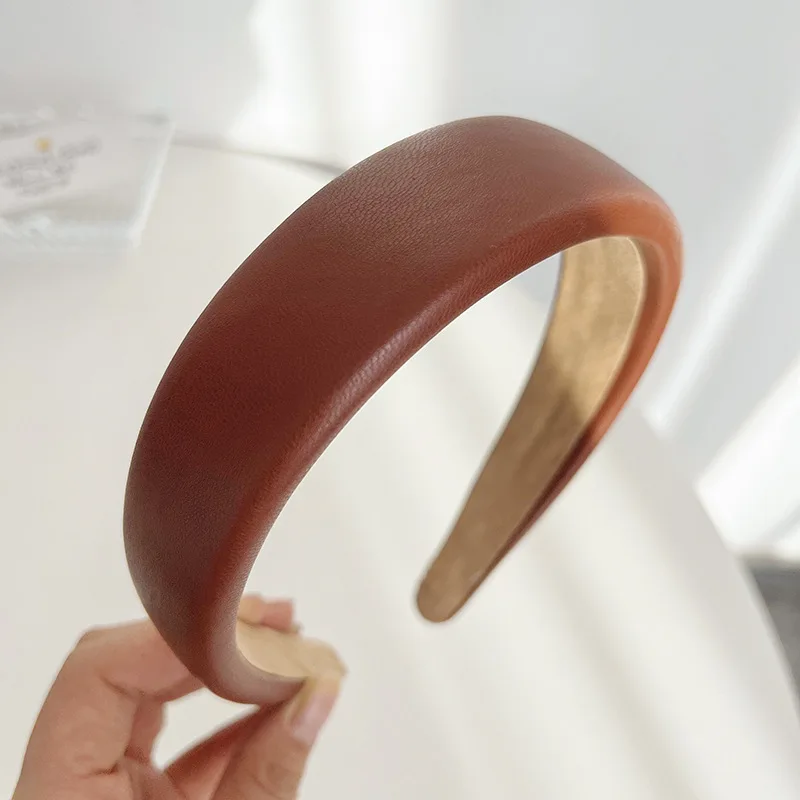 South Korea Dongdaemun retro female style with simple pure color PU leather widened head band sponge leather hair band