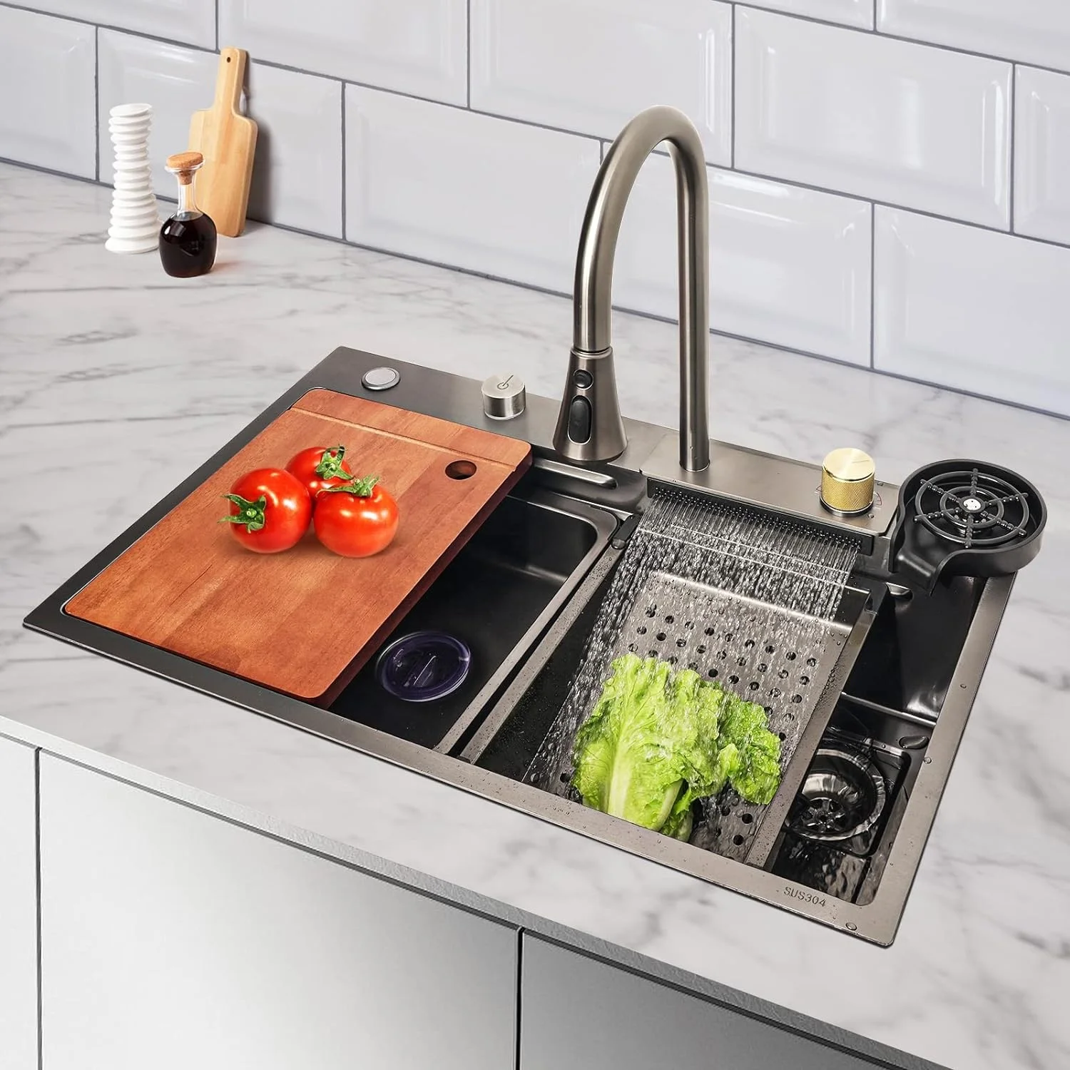 Waterfall Kitchen Sink Black 304 Stainless Steel Handmade Kitchen Sink with Waterfall Pull Out Kitchen Faucet
