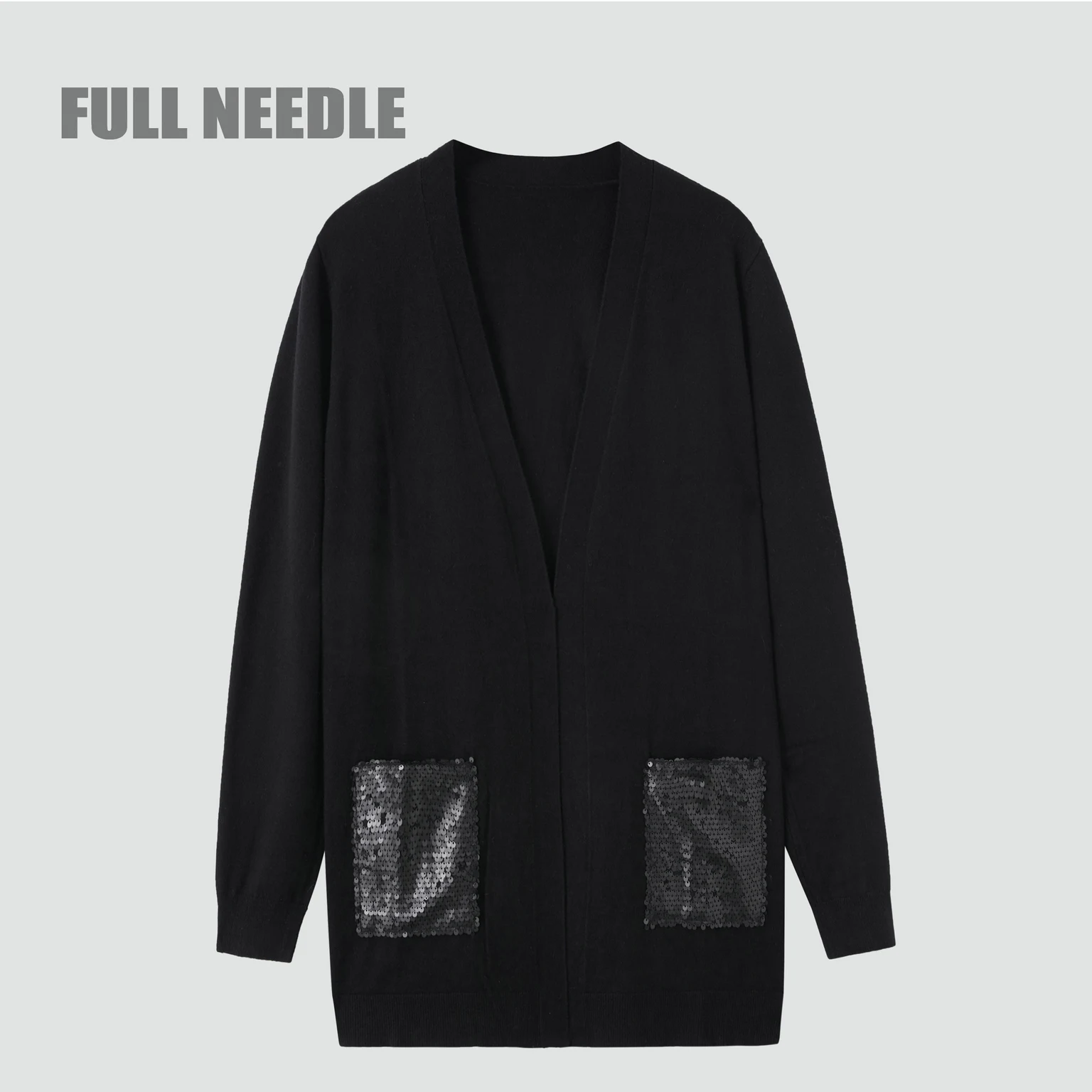 Latest design womens v neck machine knit cardigan sweater  sequined pocket