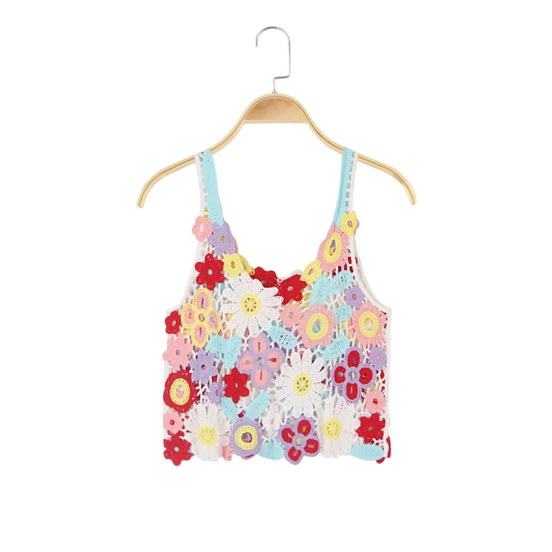 New Boho Hollow Out Crochet Lace Multi-color Tops Strap Sunflower Handmade Cotton Bikini Vest Women Bohemnian Embroidery Blusas