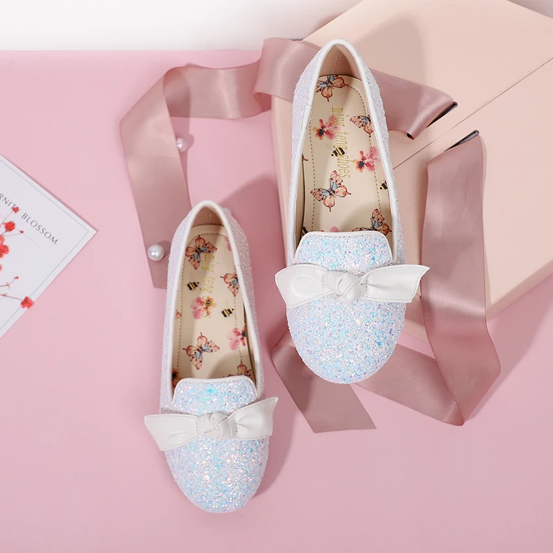 Factory wholesale girl crystal princess bowtie single shoe flat sequined girl party casual shoes