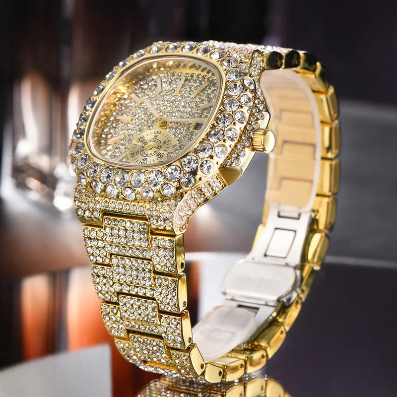 Dr. Jewelry 2022 Luxury 18K Gold Plated Stainless Steel Mesh Luminous Needles Sky Star Full Diamond Men Quartz Watch