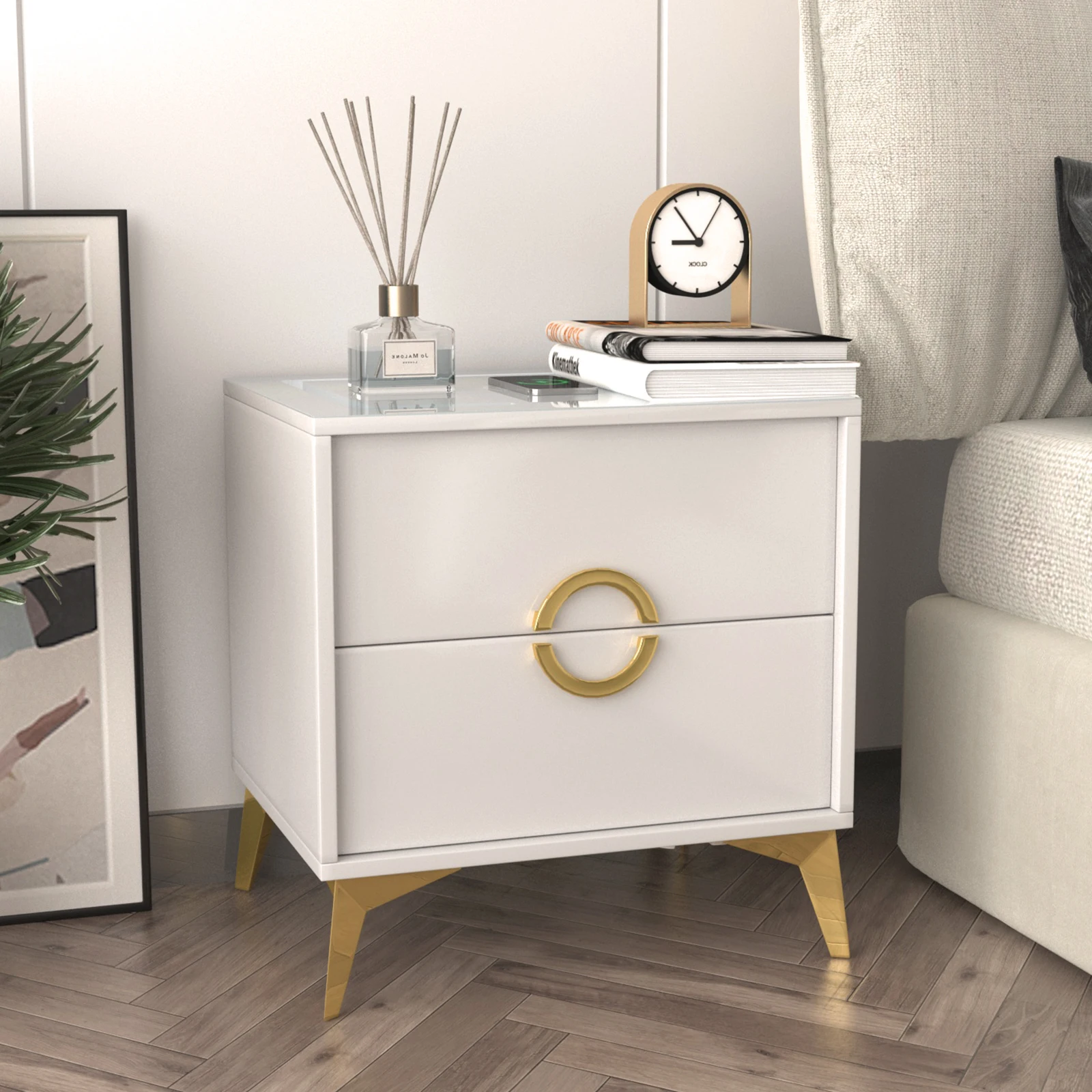 Bed Side Tables Wireless Charging Night Stand Wooden LED Smart Nightstand