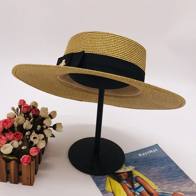 Unisex Summer Straw Women Wide Brim Flat Top Sunhat Sombreros Boater beach hats