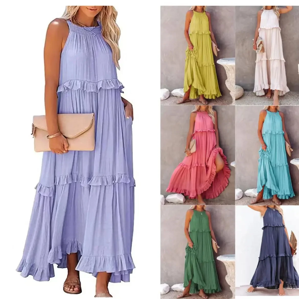 Woven Fabric Evening Wedding Ruffle Long Dress A-Line Sundress with Tights for Female Beach Occasion