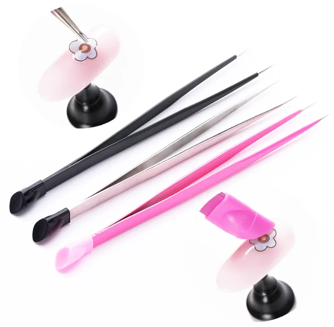 2 головки прямые щипчики для ногтей с силиконовым нажимная головка для 3D стикеры стразы водная связка выбора металла, инструменты для ногтей