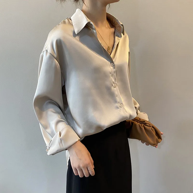 Autumn Fashion Button Up Satin Silk Shirt Vintage Blouse Women White Lady Long Sleeves Female Loose Street Shirts