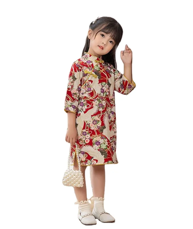 Бесплатная доставка, милые платья Qipao для маленьких девочек, новогодний подарок, детская праздничная одежда, костюм, детское китайское платье с рукавом до локтя