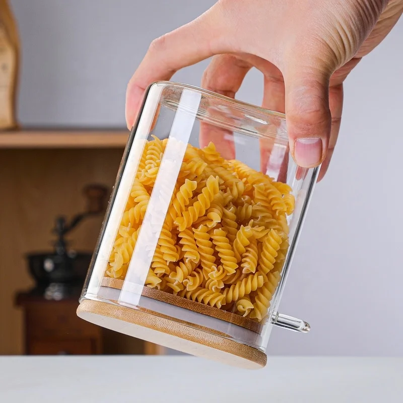 Squared Transparent Glass Food Storage Jar With Bamboo Lid Tea Coffee Beans Container Snack Nuts Sealed Box Kitchen Organizer