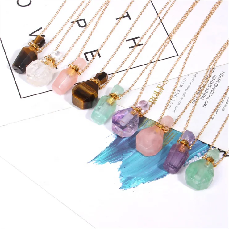 New Arrival Variety Natural Crystal Perfume Bottle Healing Necklace Essential Oil Diffuse Pendant For Jewelry Making