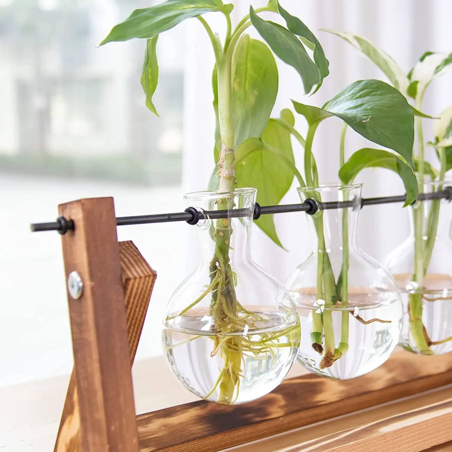 OEM Desktop Glass Bulb Plant Terrarium with Retro Solid Wooden Stand and Metal Swivel Holder for Home Garden Wedding Decor