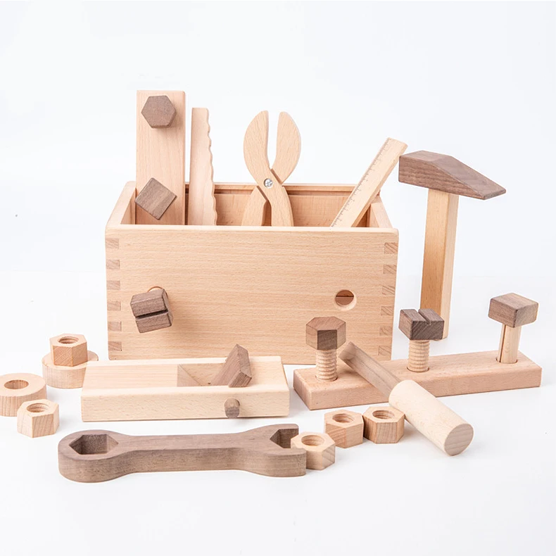 High quality log unpainted boy play house toy over 3 years old hands-on ability craftsman repair box nut wooden tool box toys
