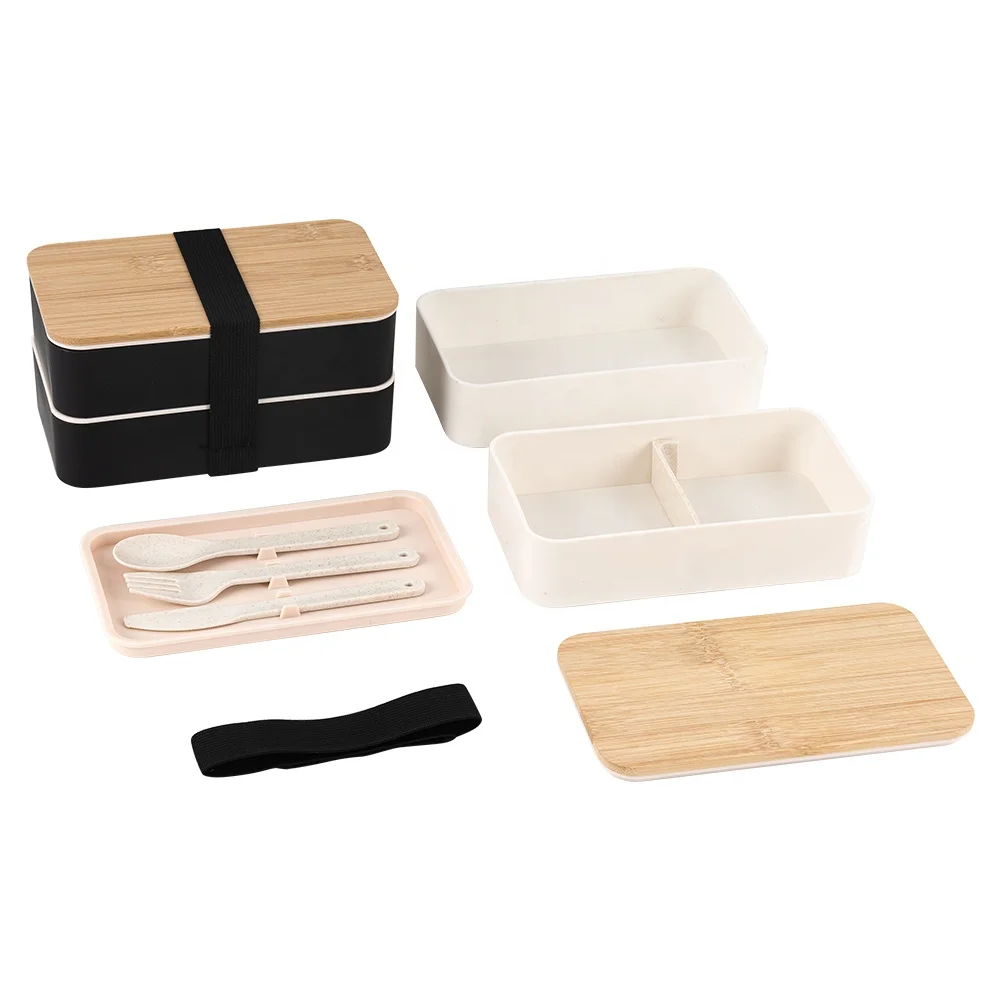 Eco-friendly Healthy Wheat Straw+Wood Lid Square Custom Leakproof BPA Free Kids Lunchbox Children School Tiffin Lunch Box