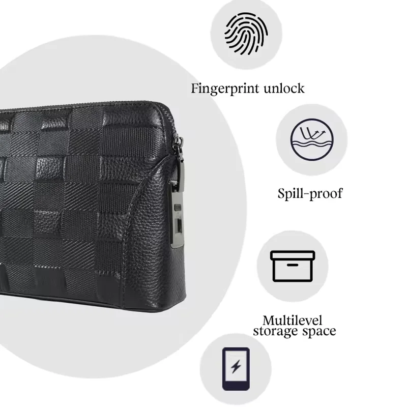 Anti theft Wholesale men purse waterproof Leather Handbags Fingerprint Lock Business Hand bags Clutch bag for men