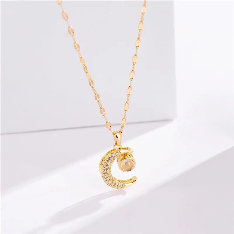 IVIAPRO Fashion Jewelry Gold Plated Romantic 100 Languages Projection I Love You Necklace Stainless Steel Moon Pendant Necklace