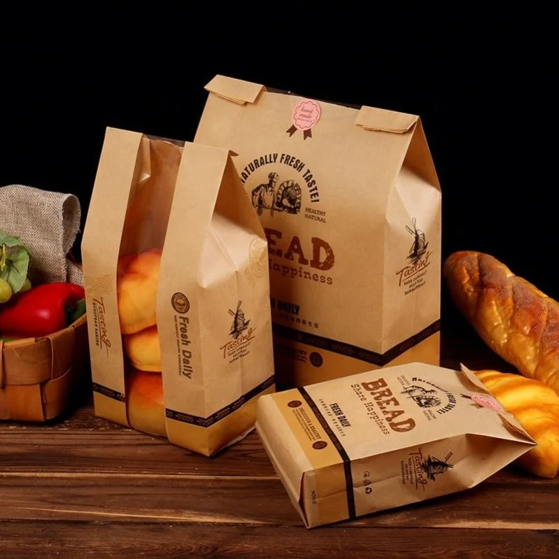 Factory Manufacturer Bakery Food Printed Brown Kraft Bread Packaging Paper Bags With Plastic Window