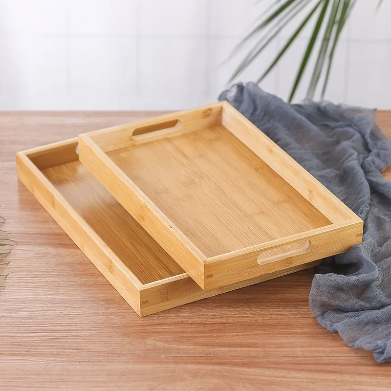 Decorative  Rectangular Wood Breakfast Dinner Food Couch Party Platters Natural Bamboo Serving Tray for Kitchen Eating Snacks