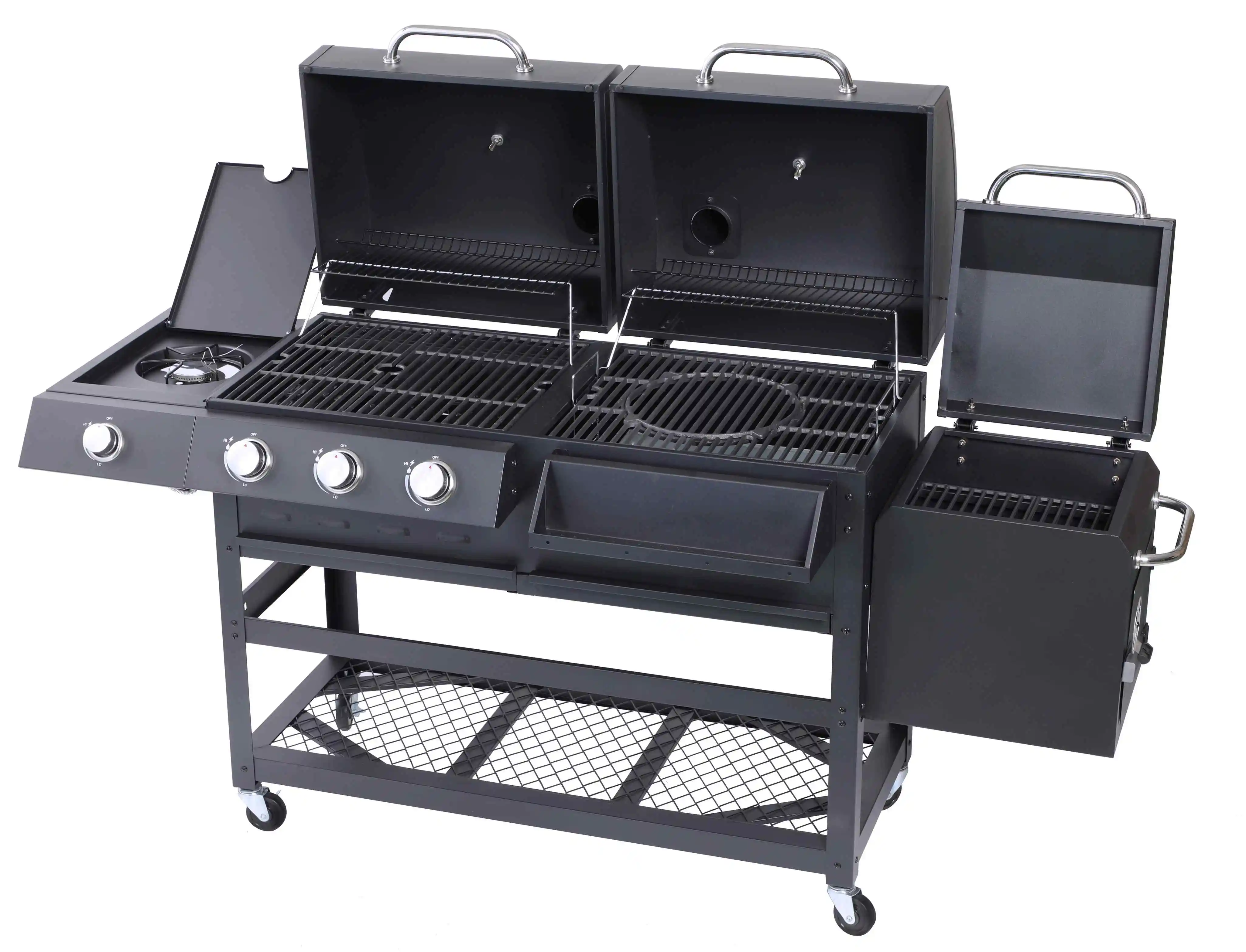 3-Burner Gas & Charcoal Outdoor Grill with Side Smoker Easily Cleaned Steel Powder Coated Finish for Family Gatherings