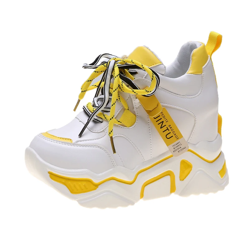 Women lace-up chunky high heel fashion platform PU sneakers color stitching wedges sports casual shoes for ladies