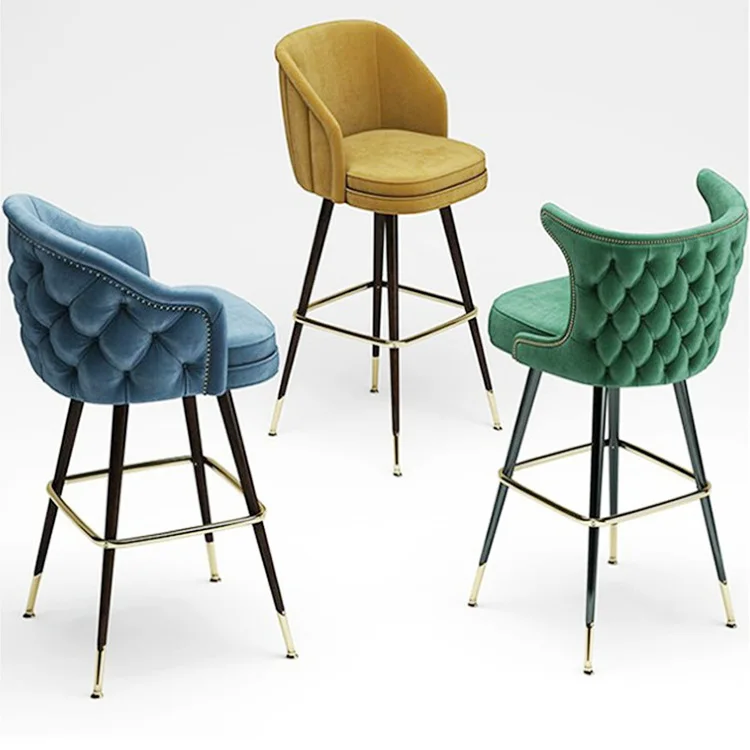 Luxury Style Dining Room Wooden Leg Design With Gold Metal Cover High Bar Stool Modern Nave Blue Velvet Restaurant Bar Chair