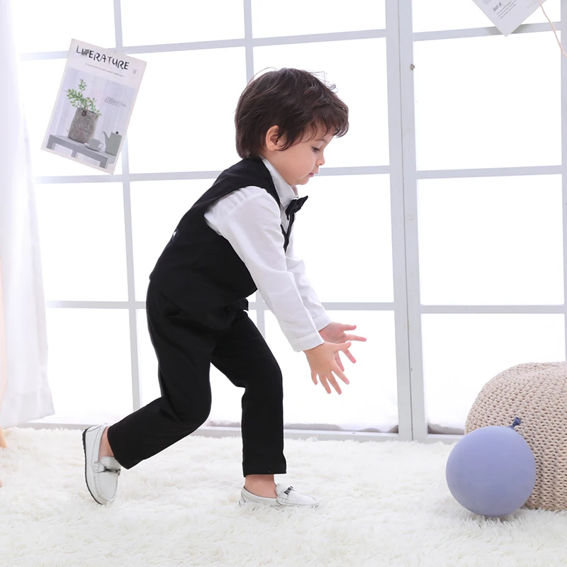 Special design white shirt black vest overalls three-piece baby boy formal clothing dress boys suit set