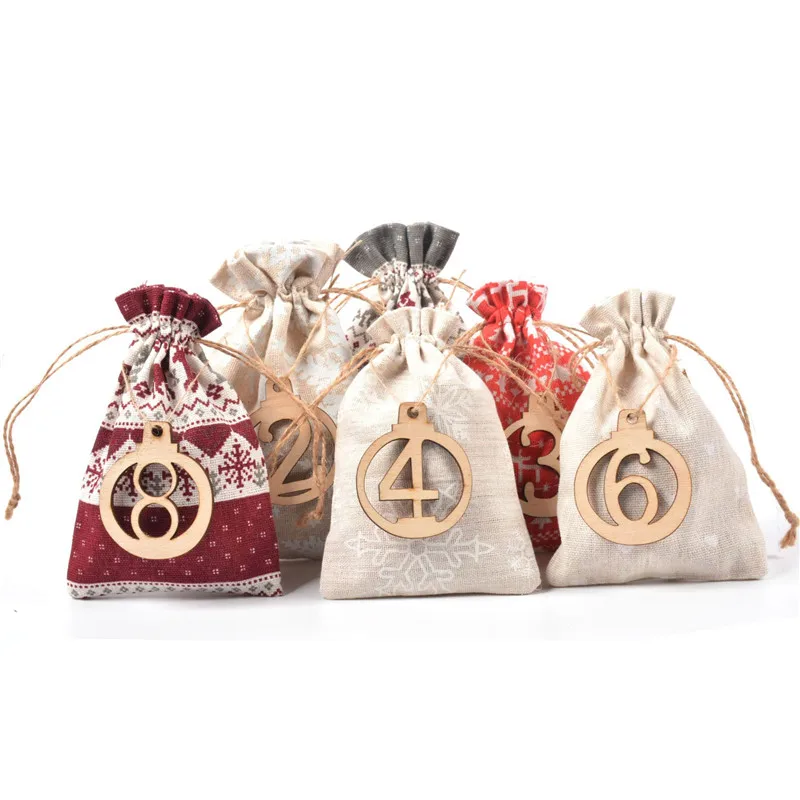 Christmas Gift Bags With Tag Advent Calendar Countdown Bundle Mouth Linen Candy Gift Bag DIY Christmas Advent Calendar Bag