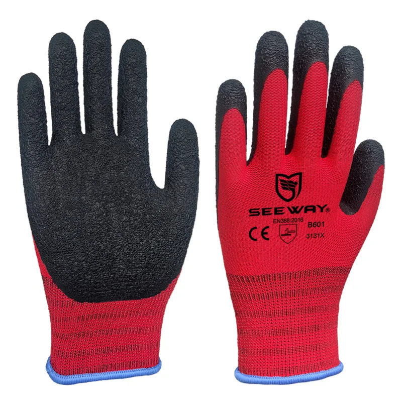 Seeway 13g Red Latex Coated Crinkle Safety Work Gloves