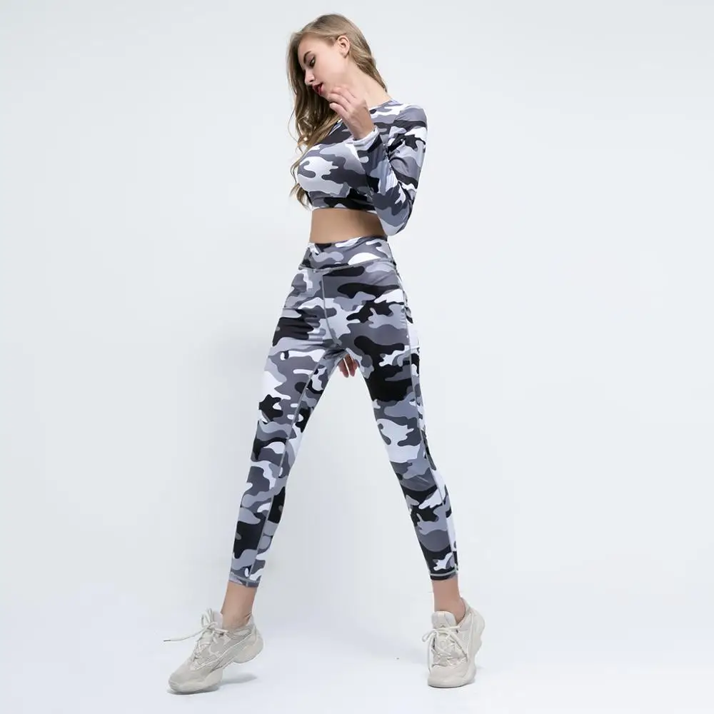 Wholesale Ladies tracksuits high waisted workout leggings yoga set yoga leggings and bra camouflage fitness sports