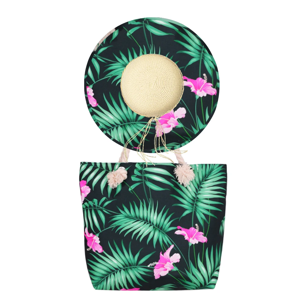 Tropical Palm Leaf Pattern Floppy Sun Hat For Women Beach Hat With Matching Tripper Canvas Tote Bag Wide Brim Straw Hats