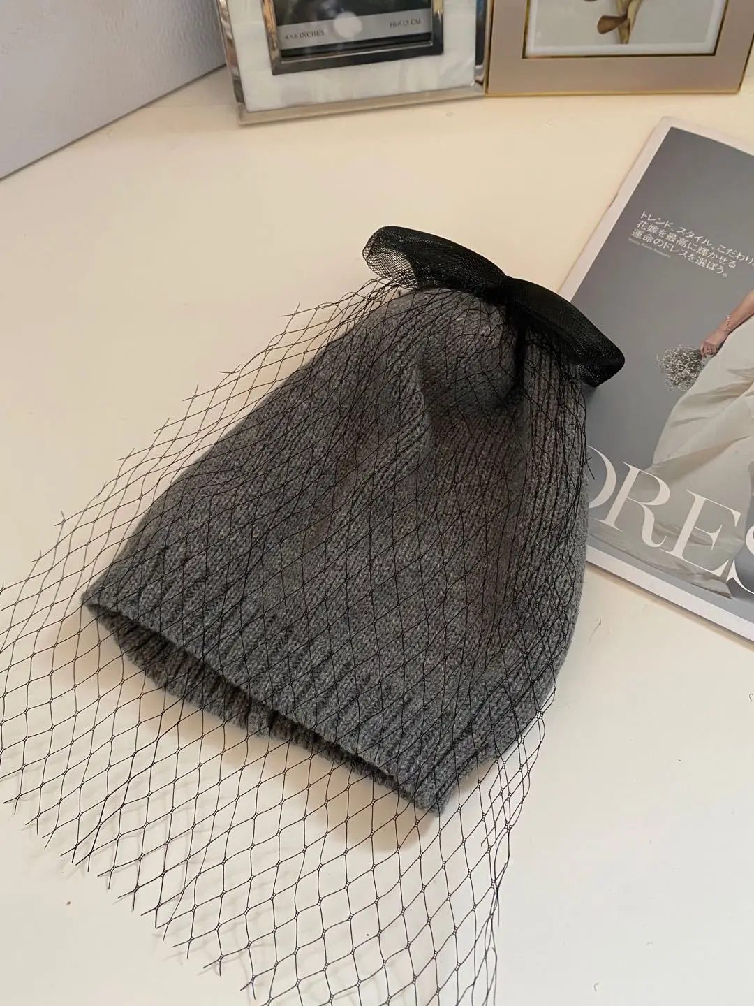 fashion womans beanie winter hats Chunky Stretch Knitted Beanie Hat Skull Thick Ski hat with bowknot & mesh veil