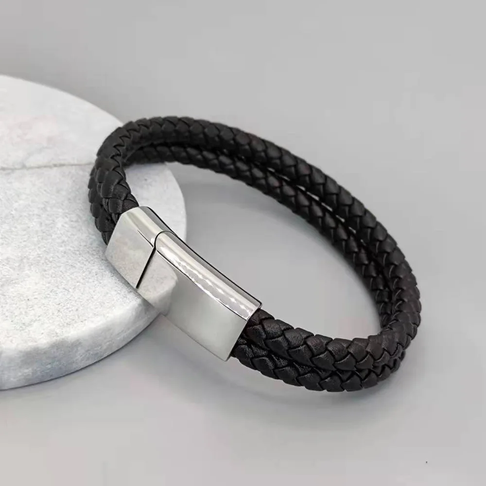 Customs Engraved Band LOGO Name Date Silver Gold Mens Stainless Steel Leather Bracelets with Magnetic Clasp for Engraving