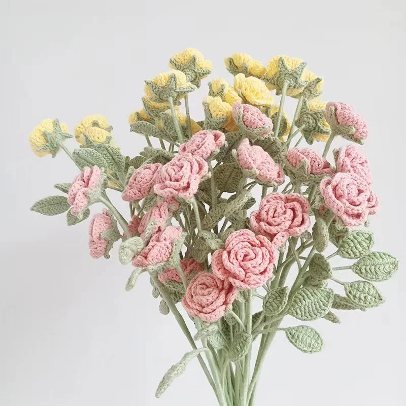 wholesale colorful  Handmade Crochet knitting woolen yarn Artificial small rose Bouquet for gift