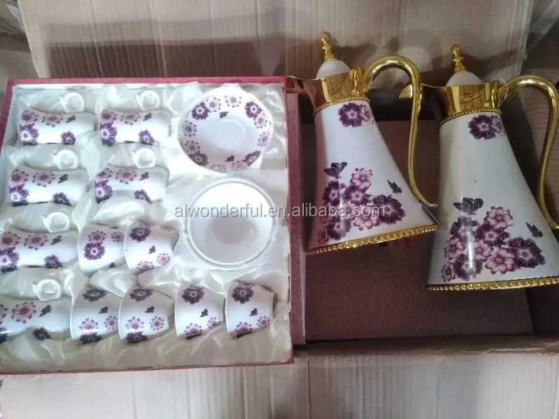 2024 decorative golden arabic flasks vacuum with porcelain tea cup sets 0.7L&1.0L