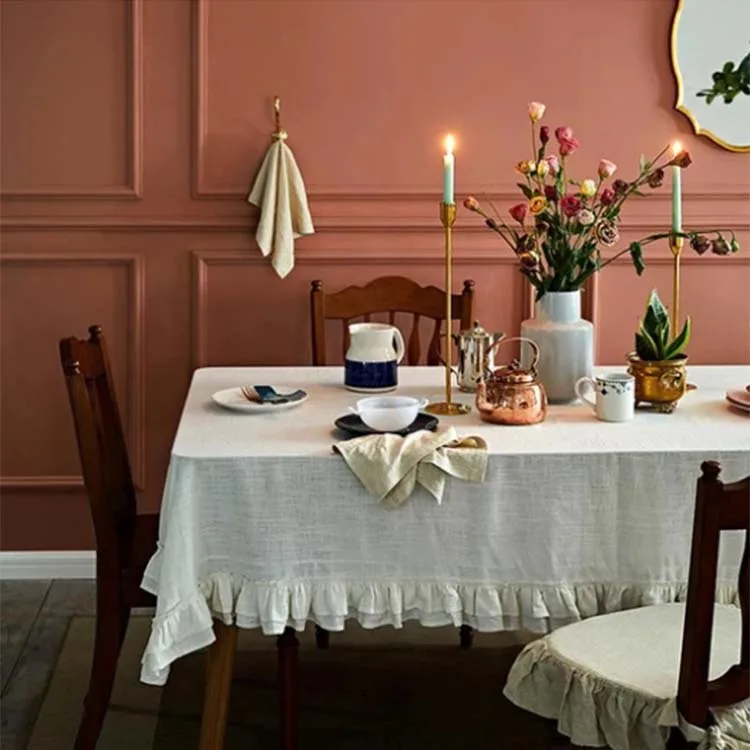 Popular Style Thick And Absorbent 100% linen Washed linen Tablecloth With Lotus Leaf Lace
