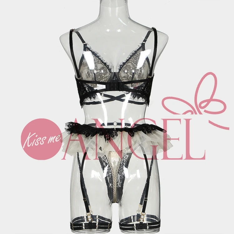 women sexy bra and panty set KISS ME ANGEL OEM lace perspective deep V neck sexy suit lace pleated skirt garter sexy lingerie