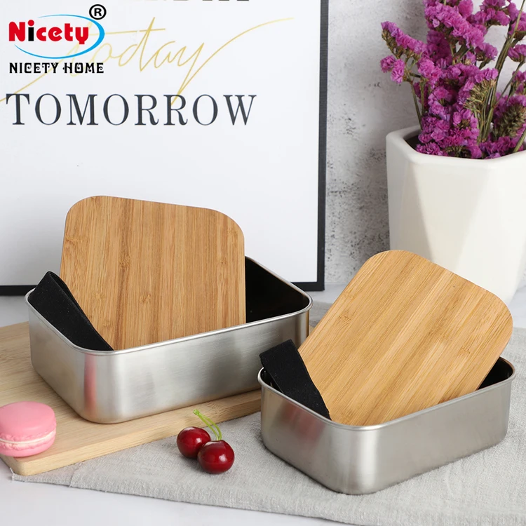 stainless steel 304 bento lunch box bamboo lid food storage container with removal divider for adults Japanese kids