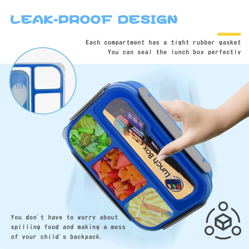 Amazon Hot quadrate airtight food container portable 4 Compartments&Fork bento lunch box for kids